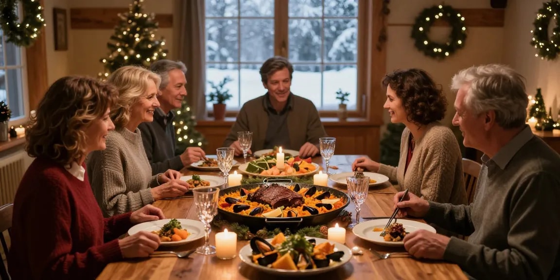 Varmrätter till nyår på festligt dukat bord med familj och vänner.