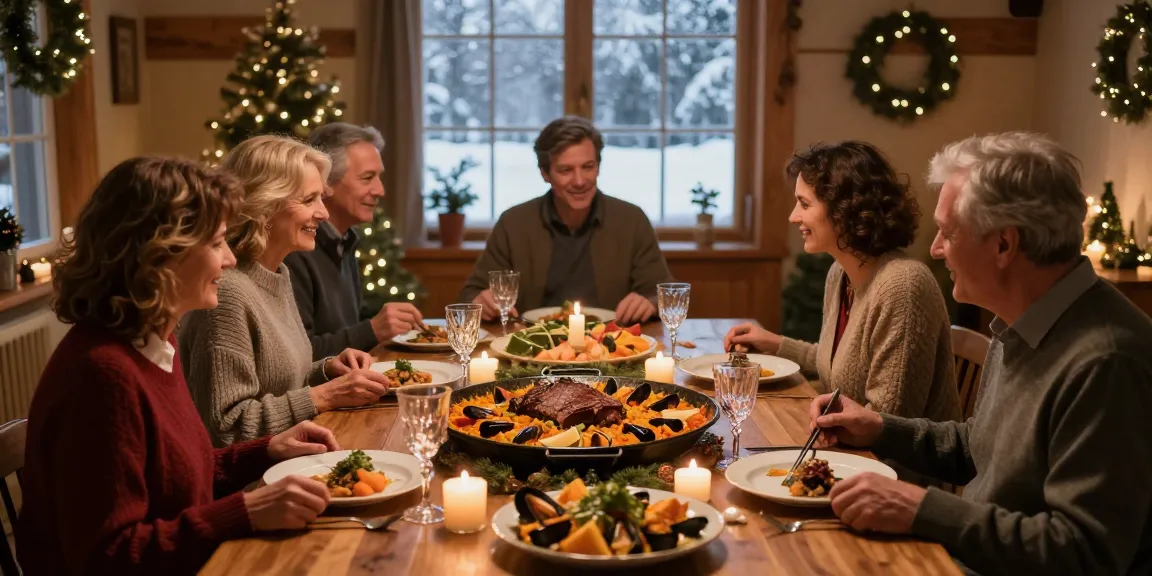 Varmrätter till nyår på festligt dukat bord med familj och vänner.
