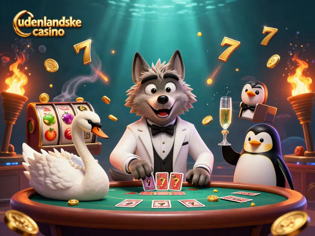 Engaging scene showcasing udenlandske casino characters with a debonair wolf, swan dealer, and penguin sommelier.