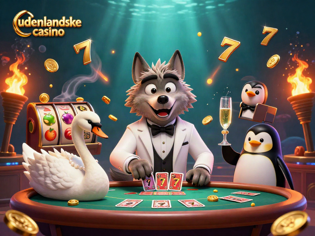 Engaging scene showcasing udenlandske casino characters with a debonair wolf, swan dealer, and penguin sommelier.
