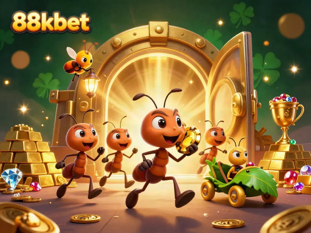 88kbet ants heist scene with a golden poker chip, jewels, and animated atmosphere