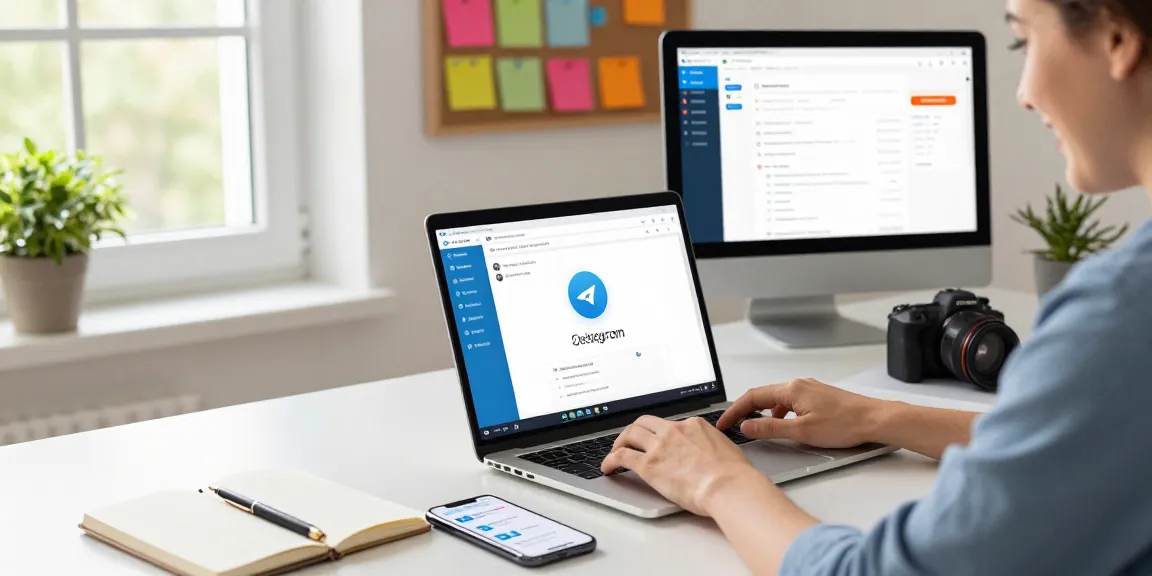 Person using the Telegram web version on a laptop in a bright, modern workspace with office essentials.