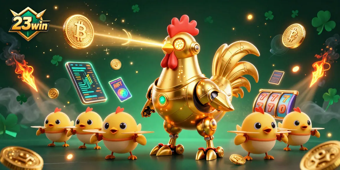 Experience the excitement of 23win with golden robotic characters and crypto elements.