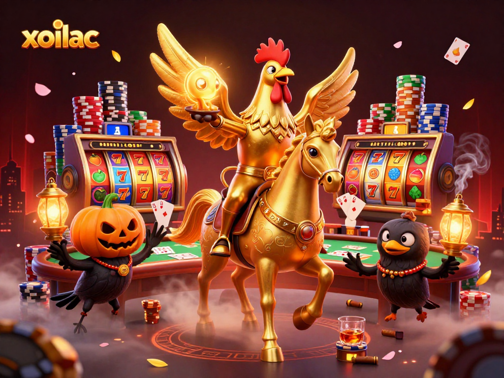 Experience the thrill of xoilac with a golden rooster and mystical casino elements in vibrant 3D.