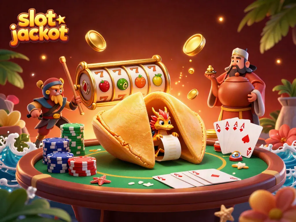 Immersive scene showcasing slot jackpot elements with a golden fortune cookie, wise dragon, and dynamic casino imagery.