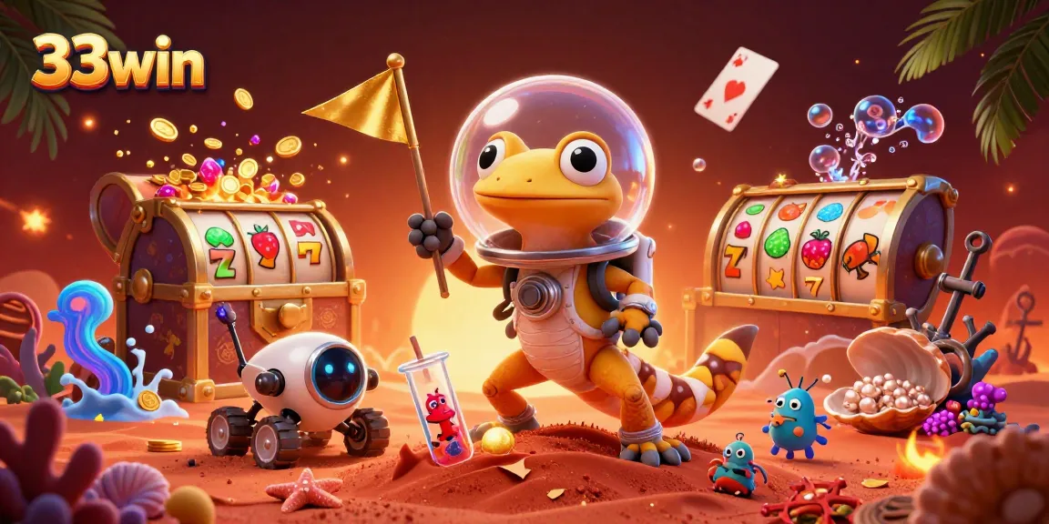 Experience the thrill of winning at 33win with a Martian gecko and golden casino treasures!
