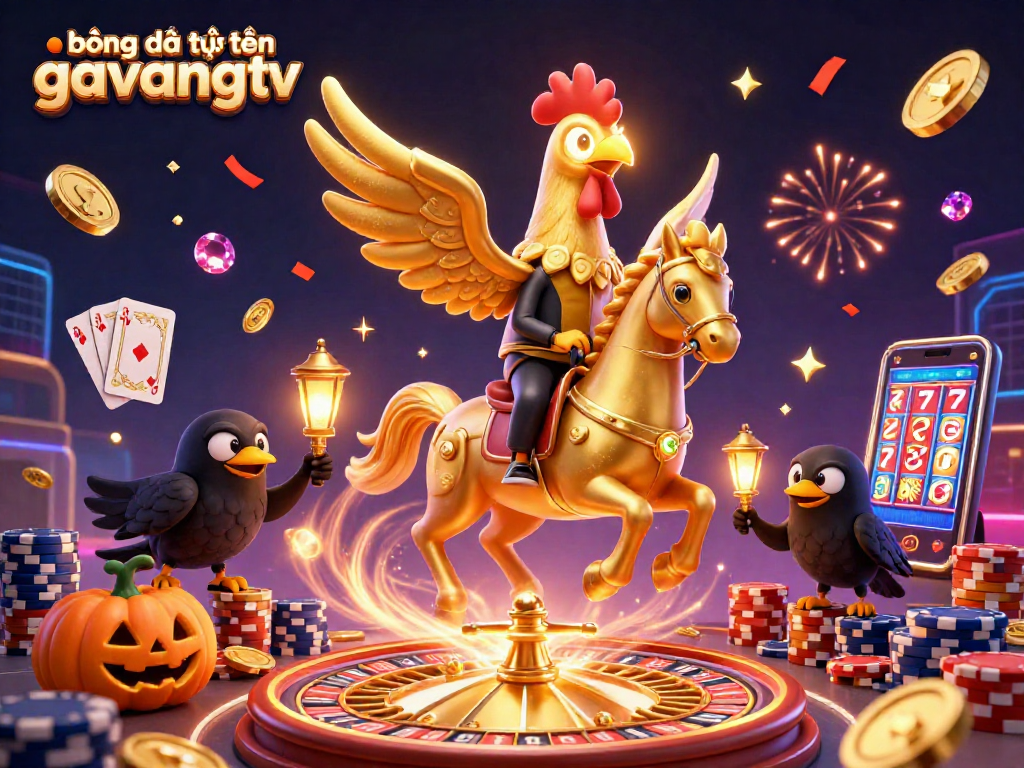 Experience bóng đá trực tuyến gavangtv with a vibrant 3D casino illustration showcasing dynamic characters and luxurious gaming elements.
