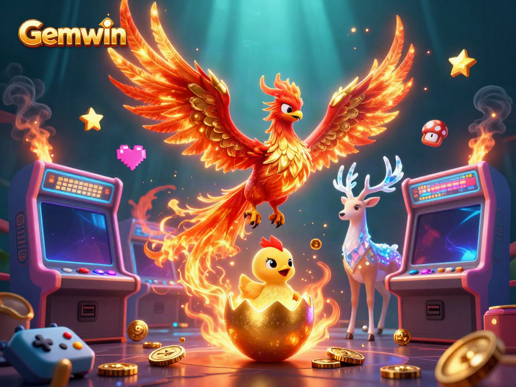 Experience the excitement of Gemwin with a fiery phoenix and mystical stag in a vibrant casino scene.