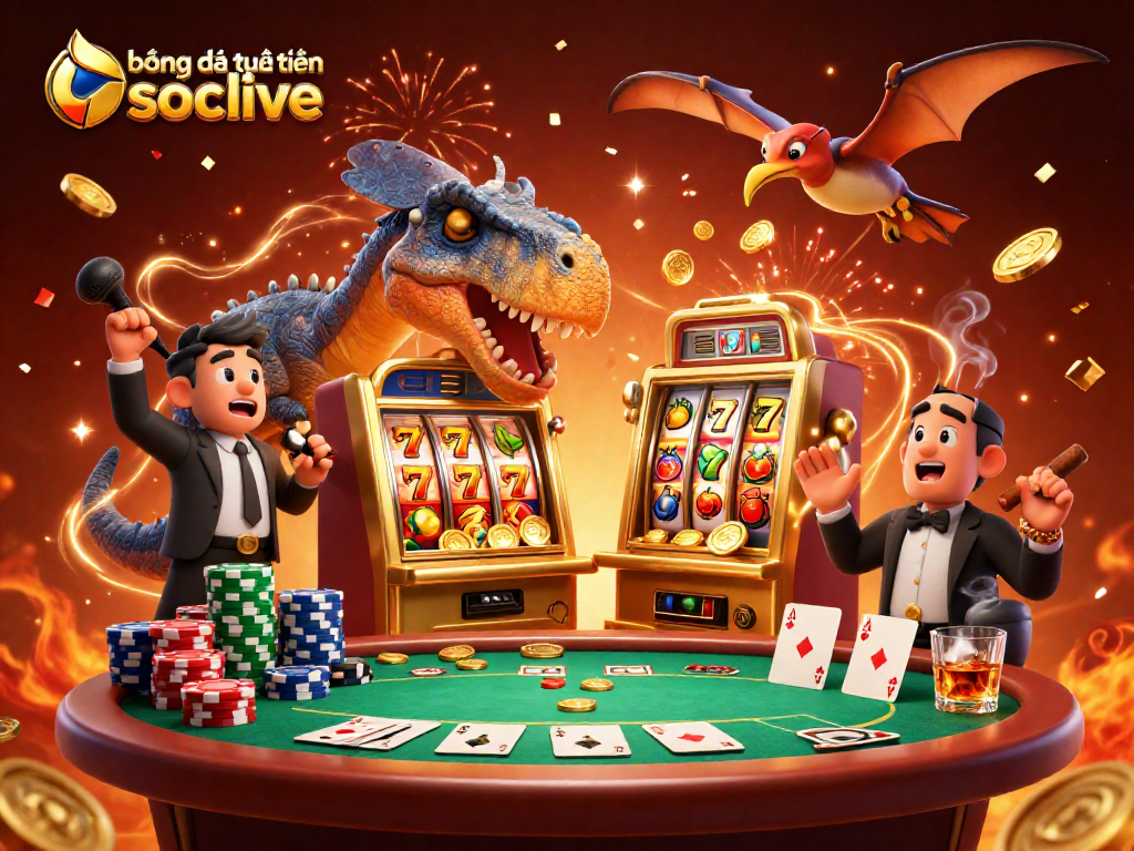 Bóng đá trực tuyến socolive thrills unfold with a cartoon pachycephalosaurus winning at a jackpot slot machine.