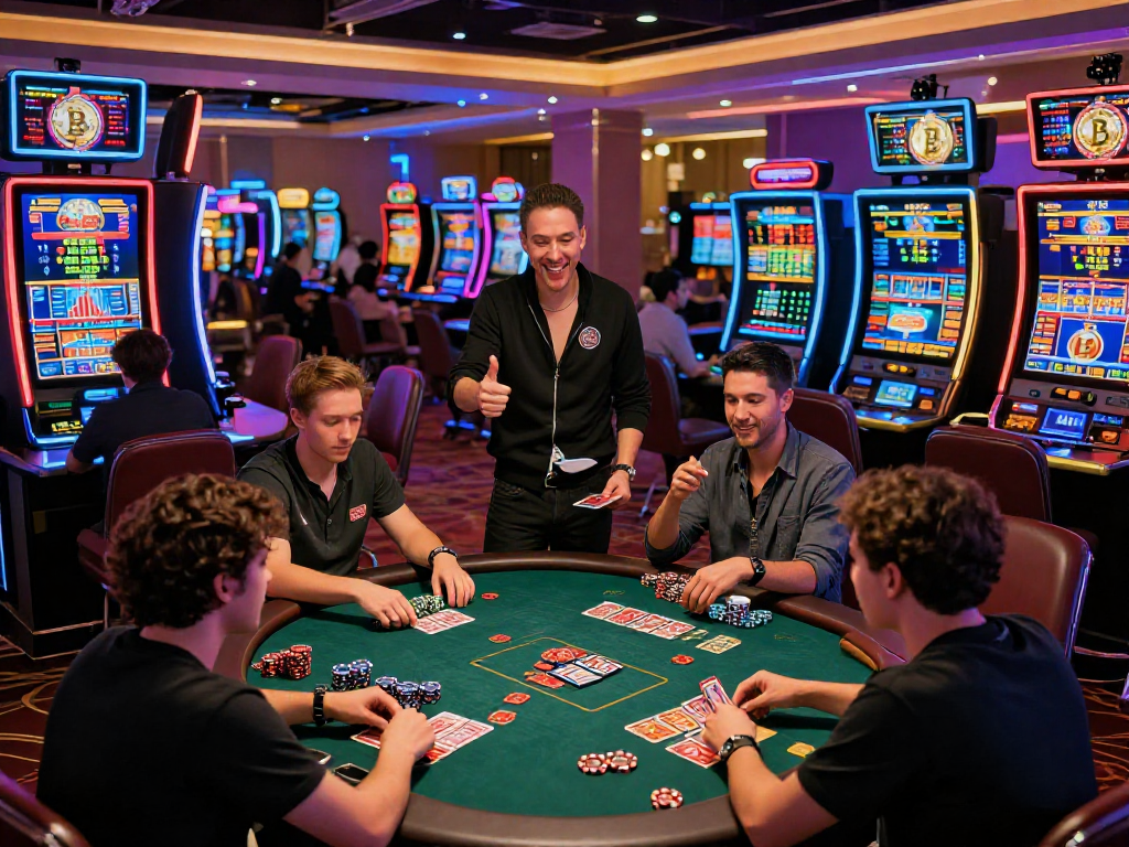Crypto casino players engaged in games with vibrant ambiance and high-tech features.