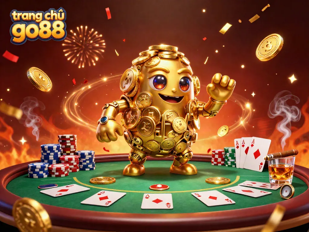 Experience the excitement at trang chủ go88 with a vibrant 3D scene of a golden golem and poker elements celebrating gaming.