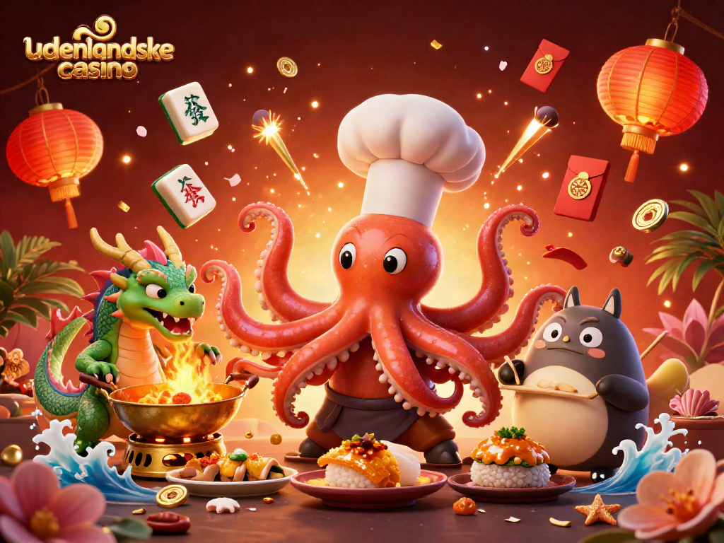 Explore udenlandske casino delights with a dynamic 3D illustration of an octopus chef and dragon.