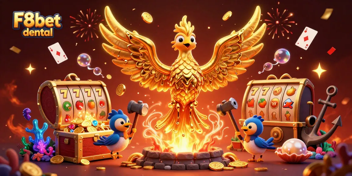 Engage with F8bet dental's thrilling slot game experience featuring a molten phoenix and vibrant treasures.