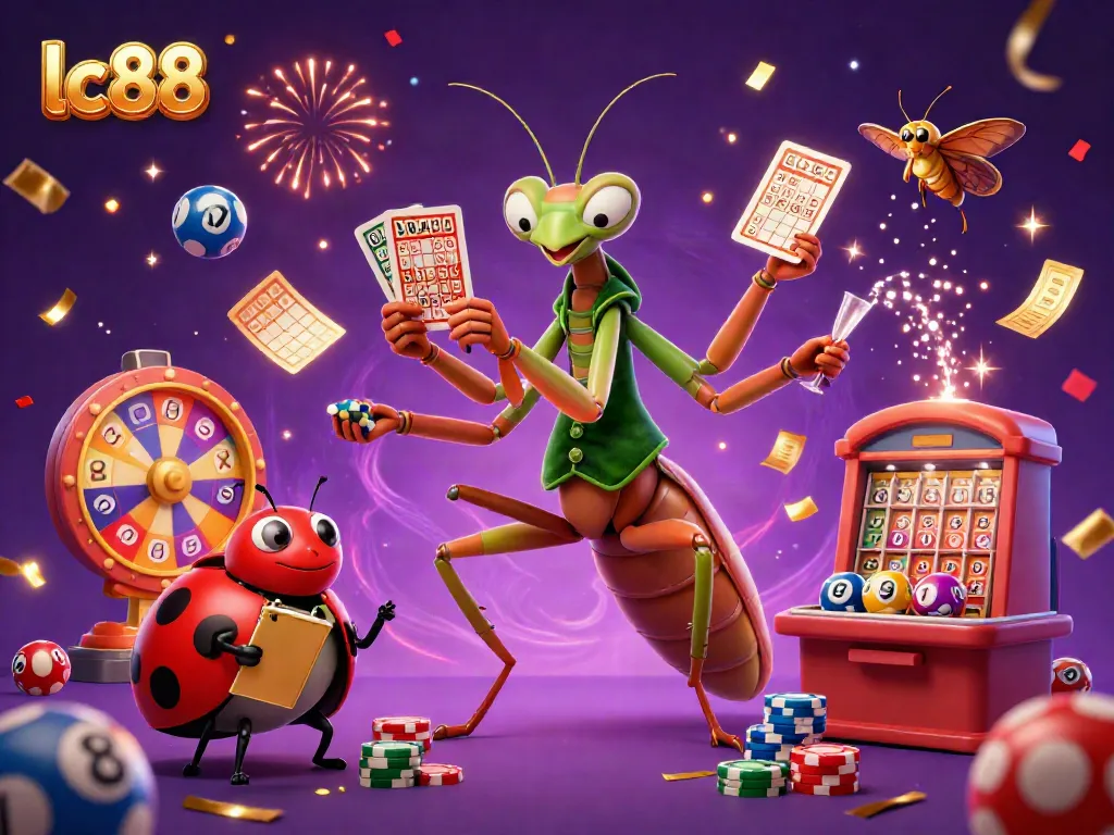 Celebrate wins at lc88 with a vibrant casino scene featuring a giant praying mantis card sharp and ladybug pit boss.