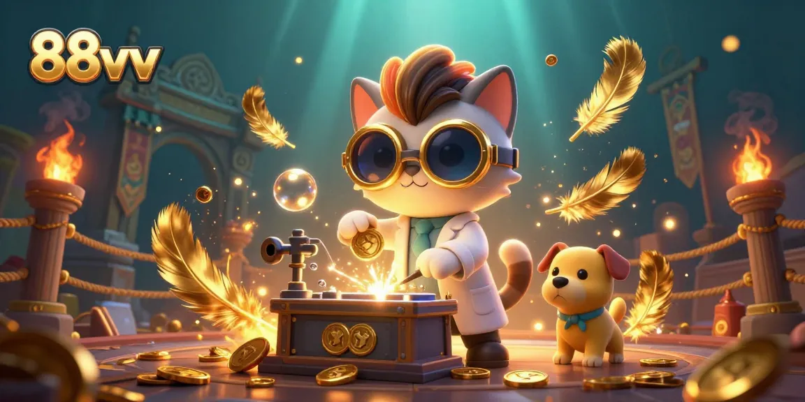 Experience the excitement of 88vv with a mad scientist cat and golden lotteries in a dynamic casino scene.