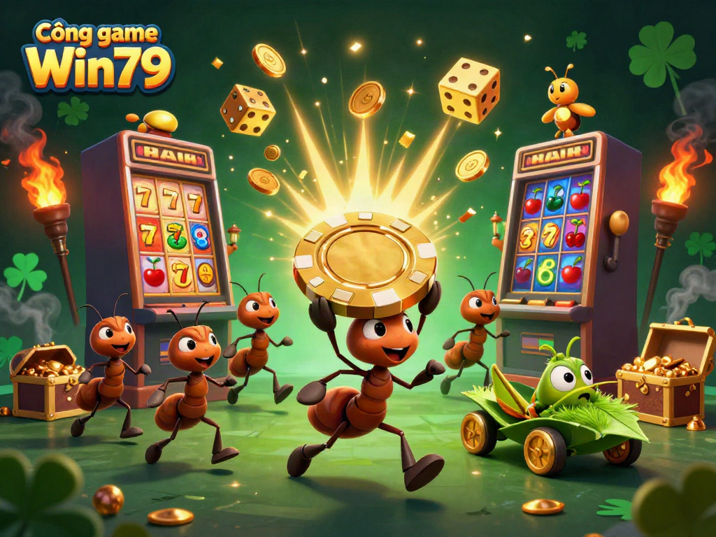 Engaging scene showcasing Cổng game Win79 as cartoon ants carry a giant golden poker chip in a vibrant casino setting.