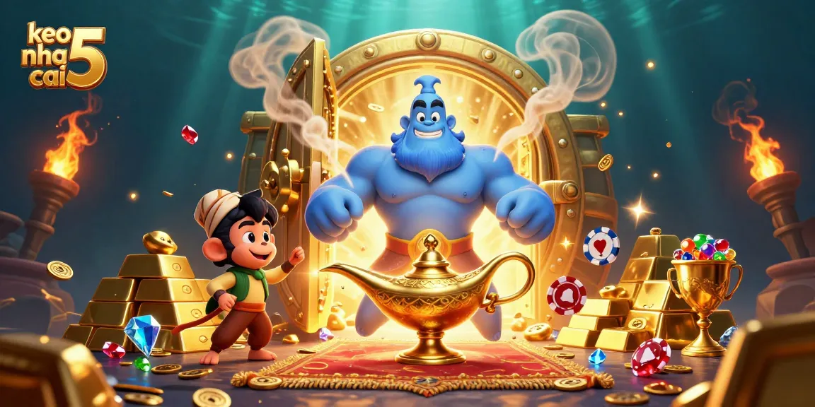 Bet on keo nha cai 5 with a vibrant illustration featuring a magical genie and treasures.