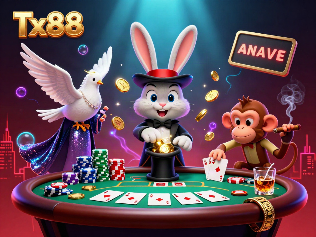 Experience the thrilling world of Tx88 with a magician rabbit pulling coins amidst a lively poker scene.