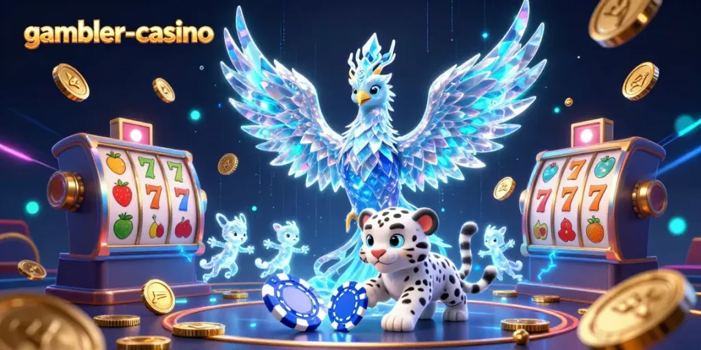 Spela på gambler-casino med en iscensatt illustration av en isfågel, snöleopard och magiska sprite-karaktärer.