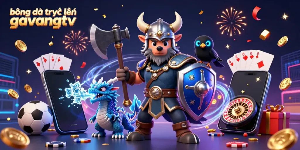 Bóng đá trực tuyến gavangtv showcases an action-packed scene with a Viking wolf warrior and dynamic sports elements.