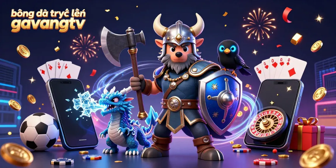 Bóng đá trực tuyến gavangtv showcases an action-packed scene with a Viking wolf warrior and dynamic sports elements.