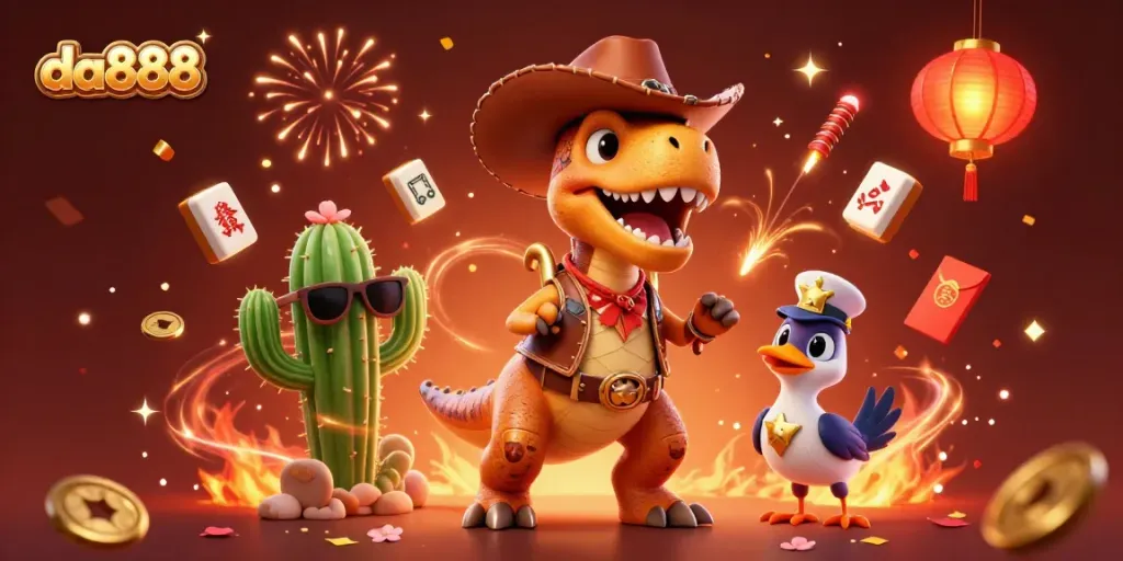 Experience thrilling slots and jackpots at da888 with vibrant gaming characters and festive elements.