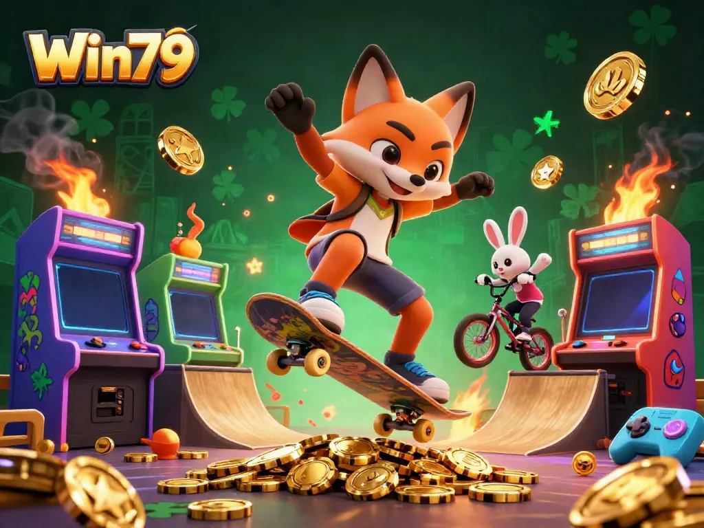 Win79 showcases a lively 3D scene with vibrant characters and casino elements, celebrating gaming excitement.