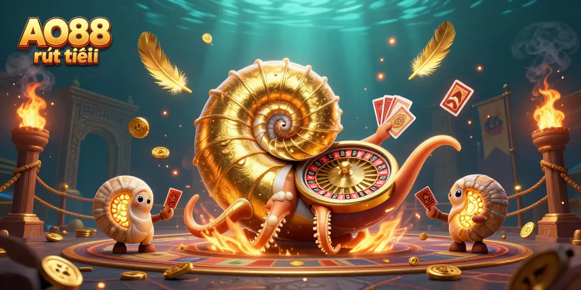 Experience AO88 rút tiền with a vibrant 3D illustration showcasing a giant nautilus and glowing treasures.
