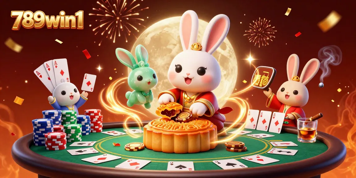 Capture the excitement of 789win1 with a vibrant poker scene featuring moon rabbits and gambling elements.