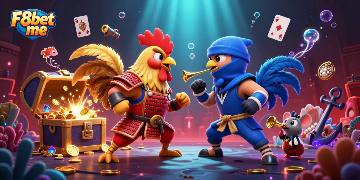 Engage in thrilling action with F8bet me's dynamic 3D roosters in a vibrant casino showdown.
