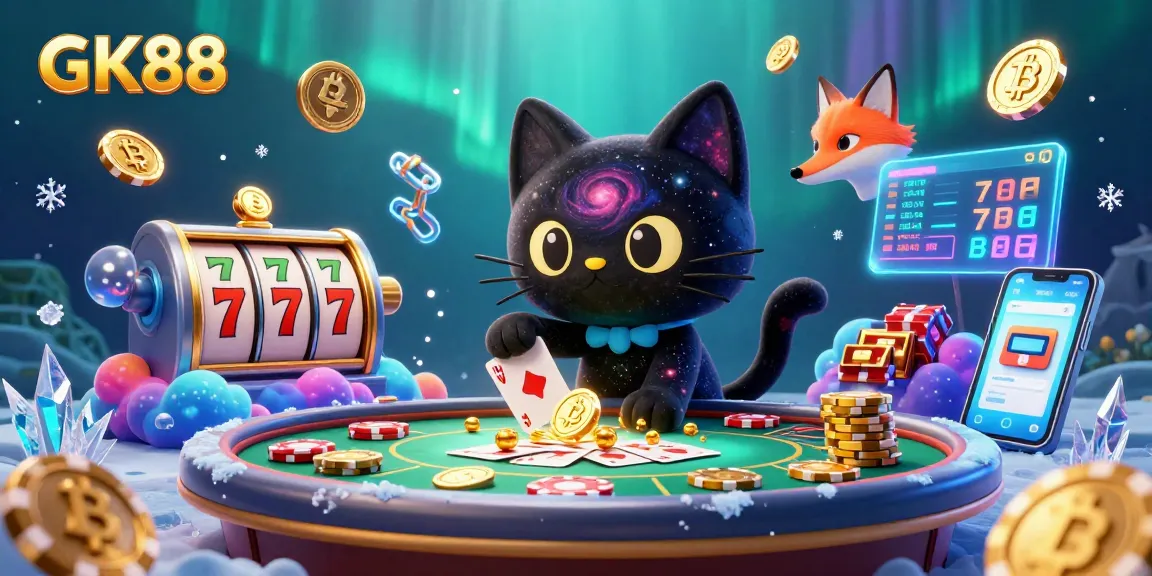 GK88 enhances the gaming experience by pulling in vibrant slot reels and poker chips.