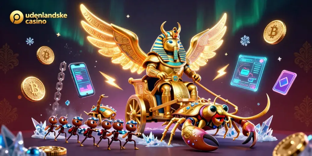Engage with the vibrant world of udenlandske casino through a rich 3D illustration full of dynamic gaming elements.
