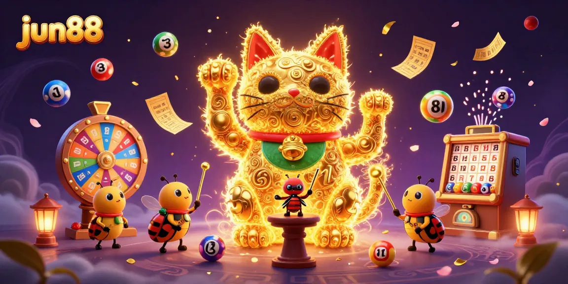Experience excitement with jun88's vibrant lucky cat and dynamic casino elements in a colorful 3D scene.