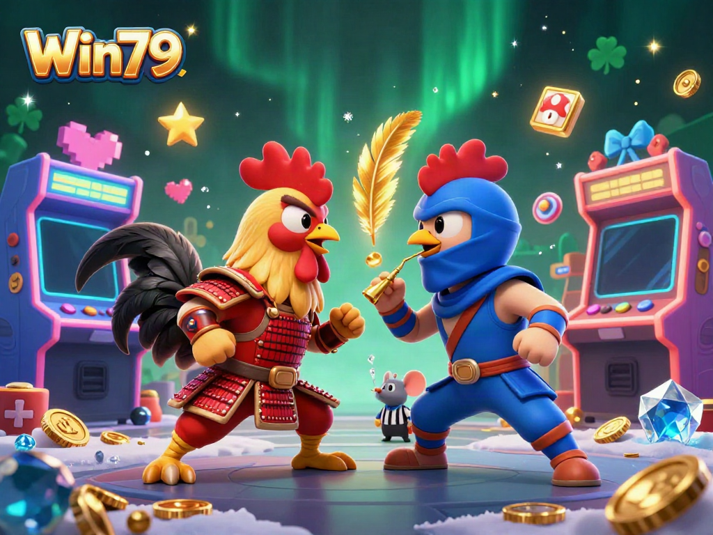 Engage with the thrilling showdown between rooster champions in Win79's vibrant casino setting.