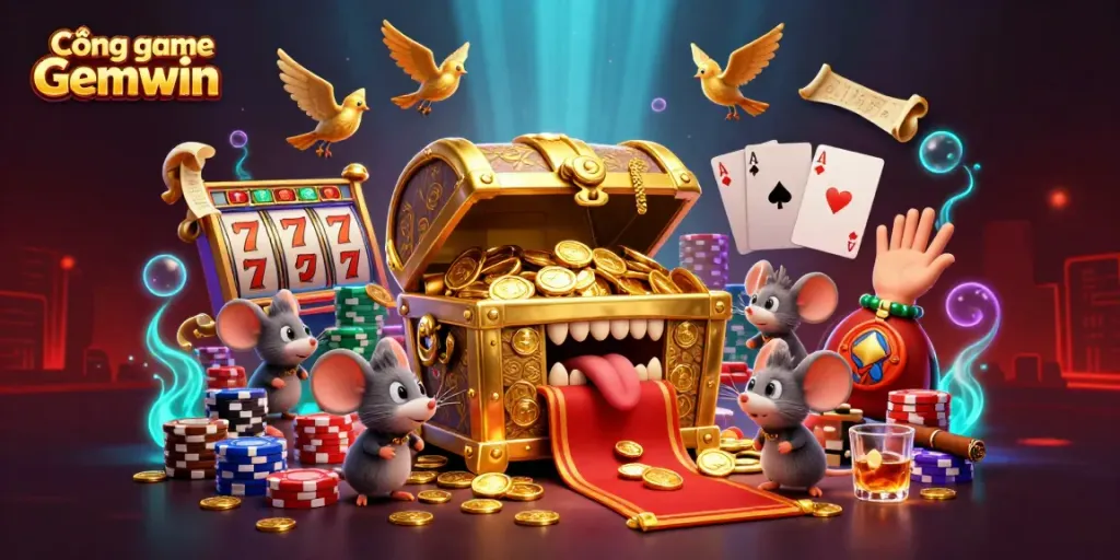 Experience excitement at Cổng game Gemwin with a treasure chest surrounded by vibrant slot and poker elements.