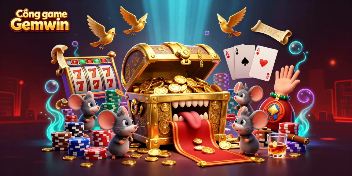 Experience excitement at Cổng game Gemwin with a treasure chest surrounded by vibrant slot and poker elements.