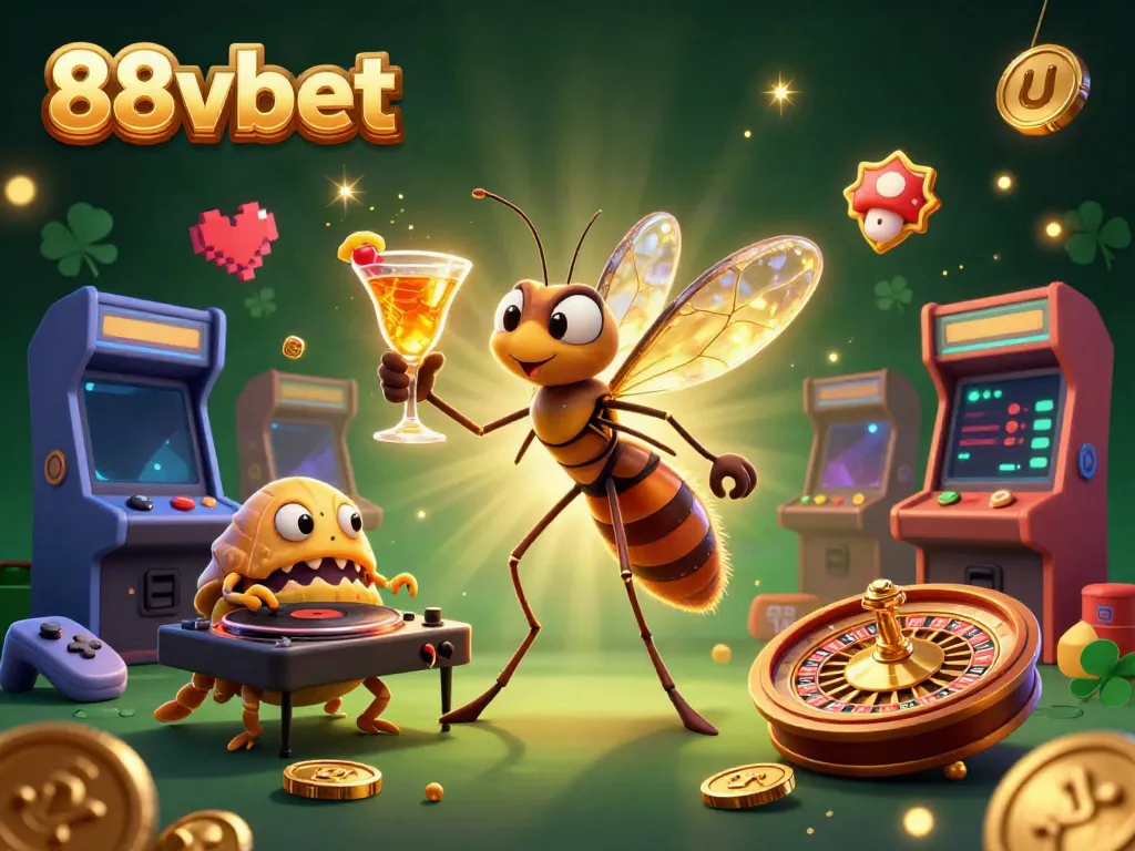 Engage with 88vbet's dynamic casino scene featuring a mascot, DJ, and roulette wheel