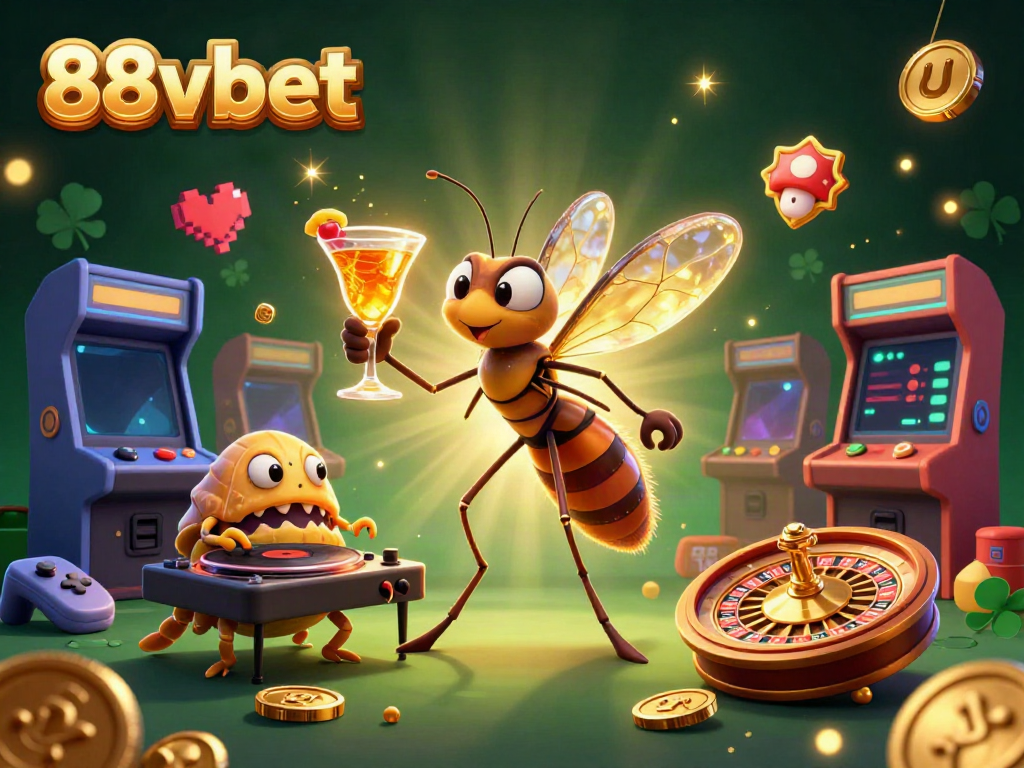 Engage with 88vbet's dynamic casino scene featuring a mascot, DJ, and roulette wheel