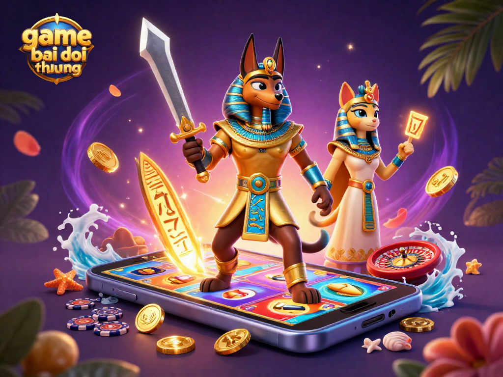 Experience thrilling game bai doi thuong with Anubis and Bastet in a vibrant casino scene.