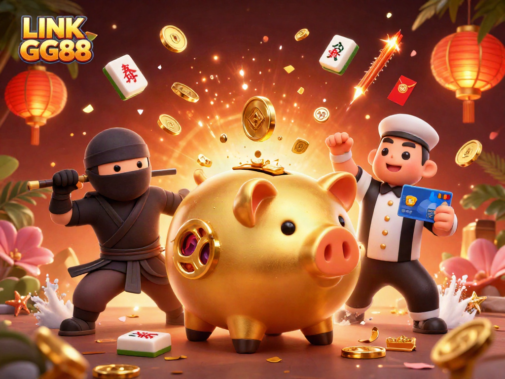 Experience winning excitement with LINK GG88 as golden coins rain from a dynamic 3D casino illustration.
