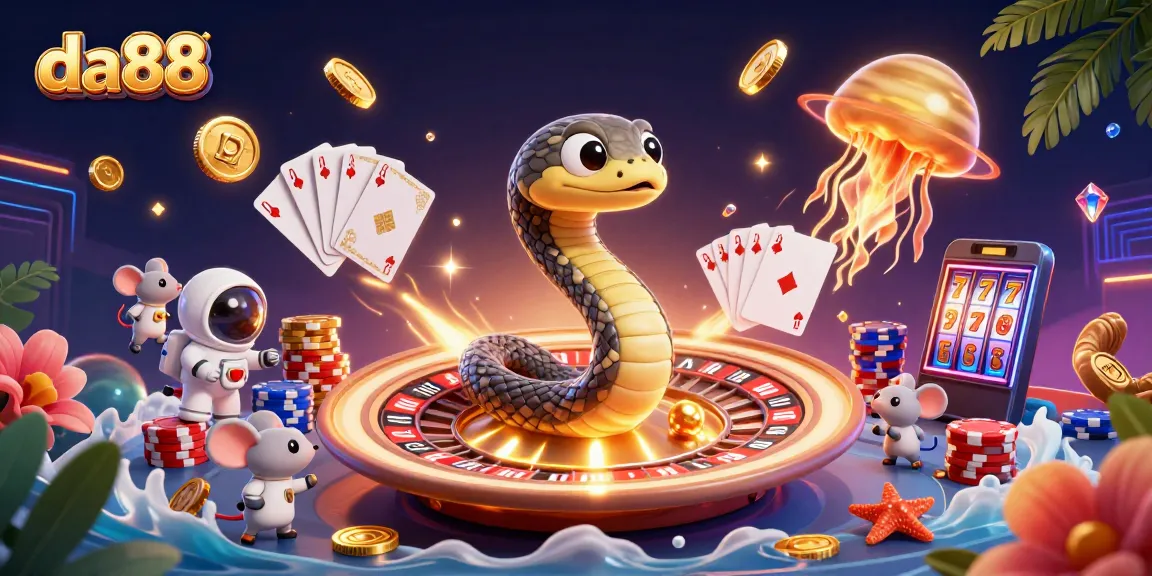 Engage with da88's thrilling cosmic casino scene featuring roulette, slots, and vibrant characters.